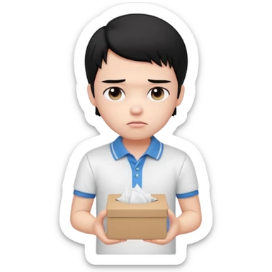 generate a pretty bratz boy with black hair, wearing a white polo shirt. Looking sad, holding a box of tissues sticker