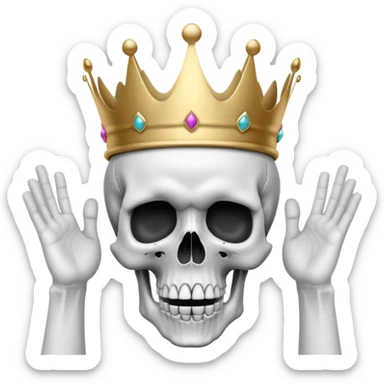A shocked skull with a crown on top, both hands raised pressing on its head in disbelief, black and white sticker