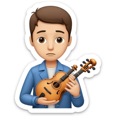 sad musician looking up with a thoughtful expression, holding an instrument sticker