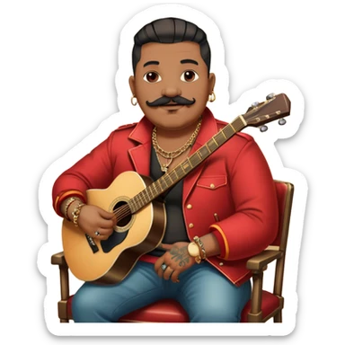Icon for Chanson: Old fat chanson singer with tattoos and small moustache, red jacket, gold chains and braslettes, sitting on a chair with an acoustic guitar and standing microphone. No earrings. The atmosphere should reflect a nostalgic, soulful vibe with vintage elements. Transparent background. sticker