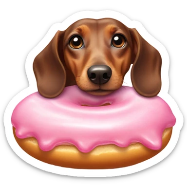 dachshund laying down licking a pink frosted doughnut in front of it sticker