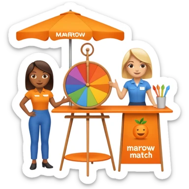 emoji of a recruitment booth. Two cartoon figures stand behind an orange table with 'MARROW, be a match' branding, a colorful spinning wheel, and a branded vertical banner. Simplified and cute sticker