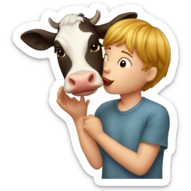 A boy kisses a cow sticker