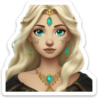 Aelin has white or golden blonde hair, turquoise eyes with a gold ring around the pupil, and tattoos and scars. Wearing a black and gold gown with a crown made of fire sticker