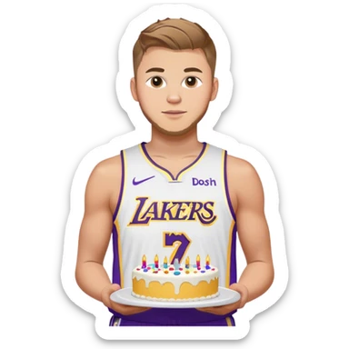 Luka Doncic in lakers jersey holding a birthday cake sticker