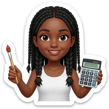 Émoji représentant une femme peau marron avec des longues nattes noires, tenant un pinceau dans une main et une calculatrice dans l'autre sticker