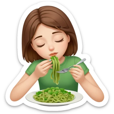 Brown haired girl eating green pasta ￼asleep sticker
