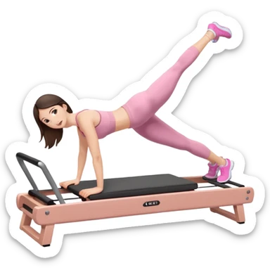 white brunette girl in light pink workout clothes doing a plank on a reformer sticker