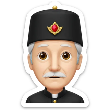 black suited old with fes hat sticker