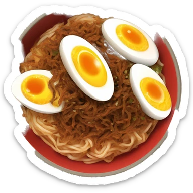 A bowling of red spice buldak noodles with two boiled egg  sticker