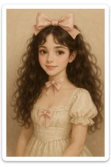a girl with curly long dark brown hair, brown eyes, coquette style, semi-realistic style sticker