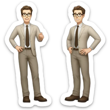 Full height Gesticulating Pale skinned fit man with dark brown hair in gray jacket, beige office shirt, brown tie, brown pants and vintage glasses. sticker