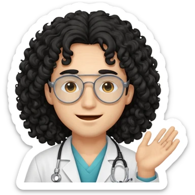 a young male doctor with black long curly hair cover his eyes a little bit and cheerful face sticker