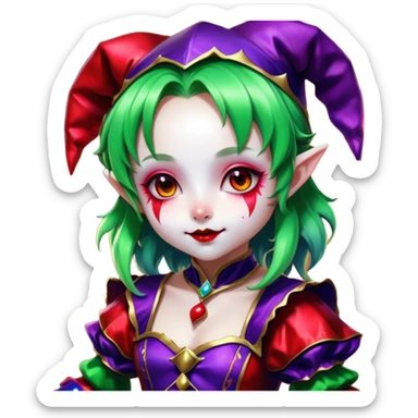 Cinematic chibi style girl in dressed like a Jester, Ultra realistic 32k HD, Breathtaking piece of art, rim lighting, hauntingly beautiful art, vibrant colors, Balanced features, highly detailed digital artwork, glowing with silver light, glowing, high shine, deviant adoptable, highly detailed clothing, remembrance, a painting of white silver, fanciful, enchanting, ghostly, embodying the essence of both reality and fantasy, dreamy, dreamy glow, optical illusion, immaculate composition, complex pose, air composition. The image is so lifelike that it feels as though it could leap off the canvas at any moment sticker