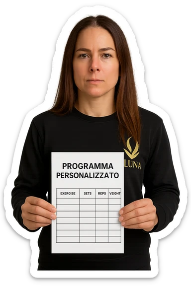 Donna con in mano Scheda di allenamento di palestra con scritto "Programma Personalizzato" sticker