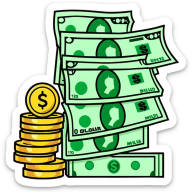 upward green arrow next to a tall growing stack of dollar bills and coins sticker