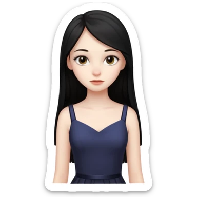 Cabelos pretos longos lisos ,olhos castanhos escuros puxadinho para cima com cílios grandes Pele clara ,nariz pequeno ,lábios mais carnudos ,adolescente 16 anos , com vestido de alinhamento sticker