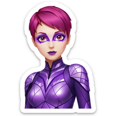 a woman with fair skin, short red hair, and glowing purple eyes. She wears a sleek, metallic purple and silver costume with geometric patterns and glowing accents. Her body shimmers with energy sticker