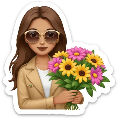 cool girl with long brown hair holding a bouquet of flowers, sunglasses, trendy sticker