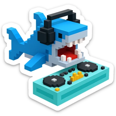 voxel style shark with dj set, open mouth, blocky, blue and silver, no background sticker