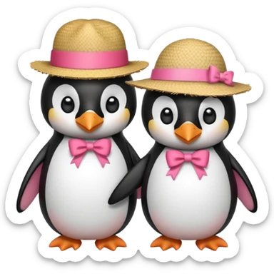 Allora fammi un emoji che rappresenta un pinguino con in testa un fiocco rosa che da la mano a un altro pinguino che in testa ha un cappello di paglia con al centro del cappello una striscia rossa sticker