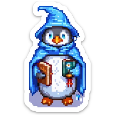 pixel art penguin wizard with a blue cloak and a tiny spellbook, standing on ice sticker