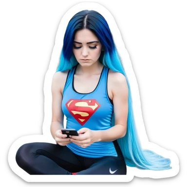 Shameful disappointed crying-very very very very big chest-texting on a samsung cell phone-very long straight flowing black to sky blue hair ombre-blue eyes-black eyeliner-long eyelashes-plastic sparkling sky blue very low cut tank top with sparkling superman logo-black leggings-nike sneakers sticker