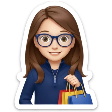 A little girl (he usually calls her baby), who is obsessed with shopping and luxury brands and holds a dozen of bags, she wears navy blue half zip sweater and holds 10 bags and she has long brown hair with Prada eyeglasses. The previous one but with eyeglasses  sticker
