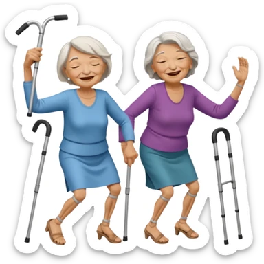 A old woman dancing with one eye closed and another old womn dancing with crutches. sticker