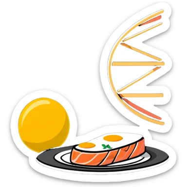 Floating plate with cute stylized protein foods: golden egg, salmon fillet, chicken breast, and tofu block, orbiting a DNA double helix, with energy beams connecting to a muscular figure silhouette sticker