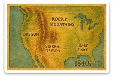 A topographical map of the USA in the 1840s which labels the Rocky Mountains, Oregon, California, Sierra Nevada mountains and Salt Lake sticker