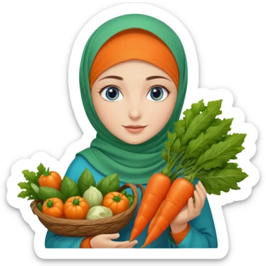Turkish beautiful finish Konya girl blue eyes with garden design orange green hijabi dress and she had on her hand vegetables  sticker