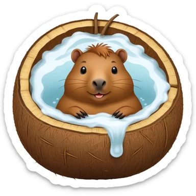 Happy capybara relaxing inside a halved coconut like a bathtub sticker