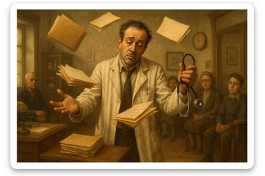 A tired doctor juggling patient files and a stethoscope, surrounded by waiting patients, no computers or tablets, vintage medical office sticker