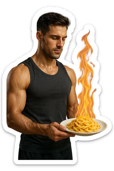 uomo fitness che tiene in mano un piatto di pasta con una fiamma sopra come se stesse simbolicamente bruciando le kcal della pasta, iperrealistico 4k sticker