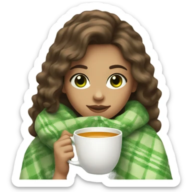 Girl with brown hair, light skin and green eyes drink a hot tea with a blanket sticker