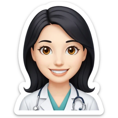 smiling doctor woman, brown eyes, white skin,  long black hair sticker