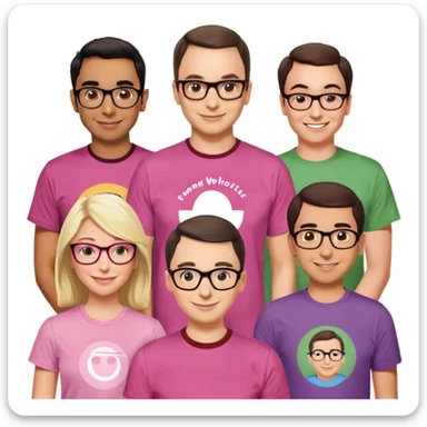 Generate amoji's for the main characters of The Big Bang Theory: Sheldon, Leonard, Penny, Raj, Howard, Bernadette, Amy, Steward. sticker