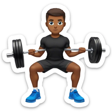 tanned man colored eyes black shorts black t shirt blue shoes barbell squats sticker