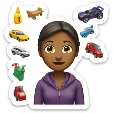 A woman who playing with the toys cars, and the word “Ok” at the top sticker