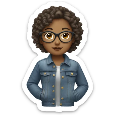 girl wth curly short brown hair with aviator glasses and denim jacket sticker