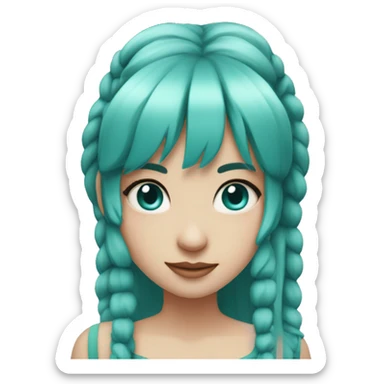 A female with pale skin and very long hair with 2 pigtails and turquoise hair and very straight bangs straight hair crimson eyes sticker