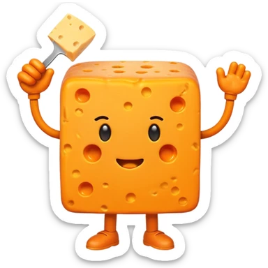 A cheese with arms and legs and a gritted face sticker