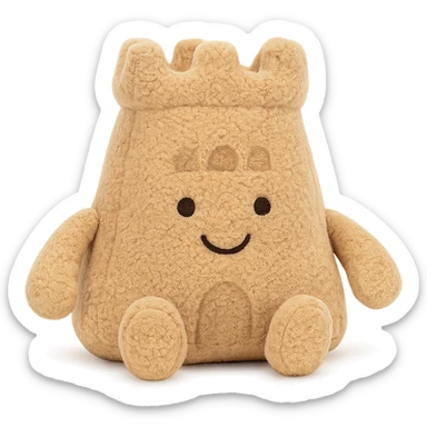 a cuddly jellycat sand castle plush, with smiling face and sandy color palette sticker