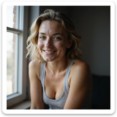 portrait of a young woman with PCOS sitting by a window, natural light highlighting faint facial hair and acne scars, wearing a tank top showing skin pigmentation, soft smile, raw and unfiltered portrait, DSLR photography style, shallow depth of field sticker