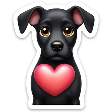 Black dog with big up ears holding heart sticker