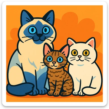 three cats together in a vibrant cartoon style, from left to right: a big male blue point Birman cat with blue eyes, a small female brown tabby Devon Rex cat with pale blue eyes, and a small female white British Shorthair cat with yellow eyes, all sitting close together sticker