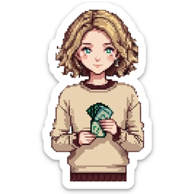 girl with rummy hair in beige sweater happy with money in hands sticker