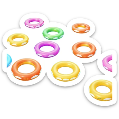 swimming pool surface with multiple inflatable pool floats floating on water, extra colorful float rings scattered across the pool, glossy water reflections, summer vibe, 3D cartoon style, mobile game icon style, clean composition, no people, no text, no watermark

 sticker