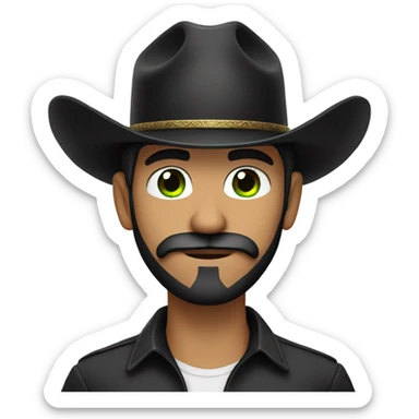 Light hispanic male, black beard with a black mustache, green eyes and wearing black cowboy hat sticker